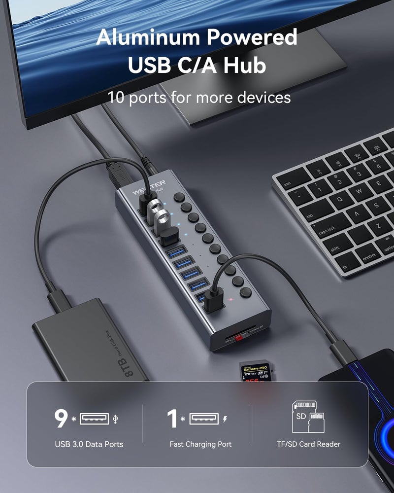 Wenter Powered USB Hub 3.0 with SD/TF Card Reader, Aluminum 10 Port Powered USB Hub (9 USB 3.0 Data Transfer Port & 1 USB Fast Charging Port Hub) USB 3.0 Hub for PC, Laptop - Image 2